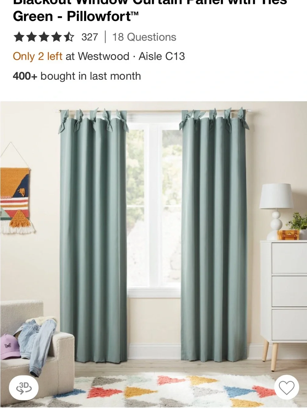 Pillowfort Sage Green Blackout Tie-Top Curtain Panel